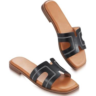 Imagem de KENMITDY Sandálias femininas sem cadarço modernas, sandálias rasteiras macias de espuma viscoelástica de couro confortável, bico aberto para o verão 2026, Preto, 35