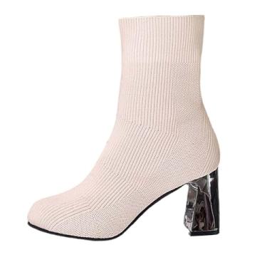 Imagem de Botas de inverno casuais modernas para mulheres com bico de malha elástica, salto grosso e design de salto médio, Bege, 35