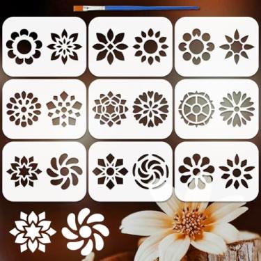Imagem de FINGERINSPIRE 9 peças de estênceis de mandala 14,7 x 10,4 cm com um pincel reutilizável, mini mandala, estêncil, modelo de desenho de plástico PET para pintura de tela de madeira e projetos de arte de