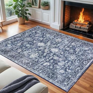 Imagem de KILOCOCO Tapete para sala de estar, 20 x 25 cm, lavável, estampado, vintage, floral, tapete de quarto, antiderrapante, macio, tapete de cozinha para lavanderia, sala de jogos, tapete marroquino, azul