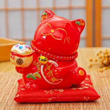 Imagem de FENNYYAR Tigela de tesouro portátil de cerâmica vermelha Maneki Neko Lucky Cat, 11 cm 4,3 polegadas, Estátua de gato da sorte Feng Shui