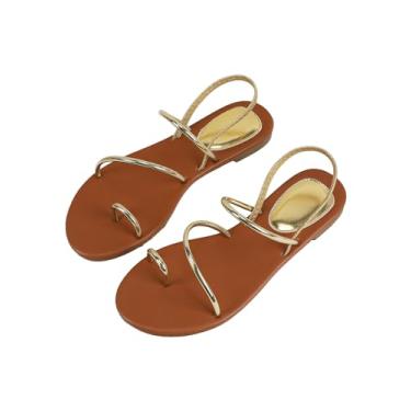 Imagem de GORGLITTER Sandália feminina metálica brilhante com tiras rasteiras fofas no tornozelo com anel de dedo do pé dourado 35, Dourado, 40