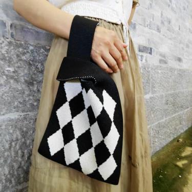 Imagem de Bolsa feminina de malha listrada elegante - Design casual de crochê com forro de poliéster, parte superior aberta perfeita para compras e viagens