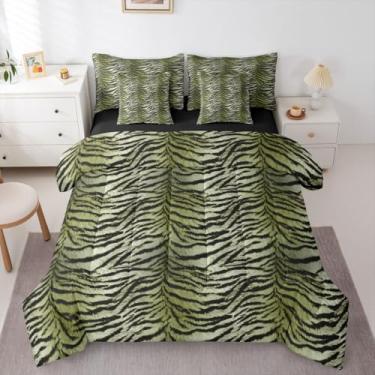 Imagem de Erosebridal Conjunto de cama casal de 7 peças com estampa de tigre (verde grama) gradiente | Conjunto de edredom com estampa de animais selvagens, safári, tigre e lençol com estampa de pele sintética