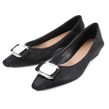 Imagem de Zelaprox Sapatos femininos salto baixo grosso elegante casual bico quadrado sem cadarço trabalho sem cadarço bico fino fechado nó laço confortável para negócios noivas baile escritório, Preto, 38