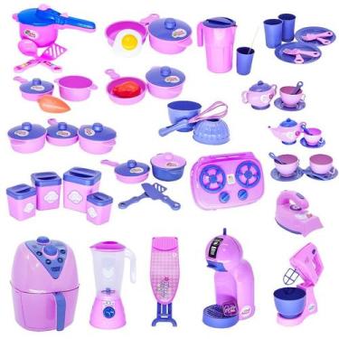 Imagem de Super Kit Cozinha Rosa Infantil Eletrônico Panela Louça 58pç - Altimar