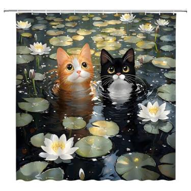 Imagem de Cortina de chuveiro de gato engraçada abstrato gatinho no lago branco lótus floral folhas verdes aquarela paisagem hilariante tecido divertido decoração de banheiro cortinas com ganchos, 70L x 70C