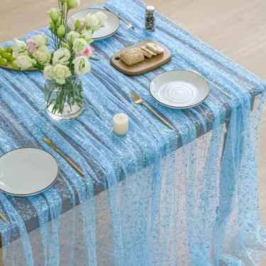 Imagem de Horaldaily Toalha de mesa retangular de gaze dourada azul-claro 132 x 188 cm, folha metálica com glitter azul claro, gaze de tule transparente para casamento, chá de bebê, cerimônia, aniversário