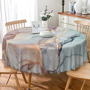 Imagem de SIEDYCV Toalha de mesa redonda de mármore azul roxo 121 cm de grão de mármore com tecido dourado rachado, toalha de mesa de poliéster, impermeável, reutilizável, luxuosa, para festa de casamento