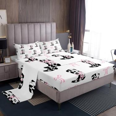 Imagem de Manfei Jogo de cama casal Cowgirls, com estampa de vaca com laço rosa, estampa de caubói do oeste, com laço fofo, branco, 4 peças, lençol com elástico, plano e 2 fronhas, decoração de quarto de