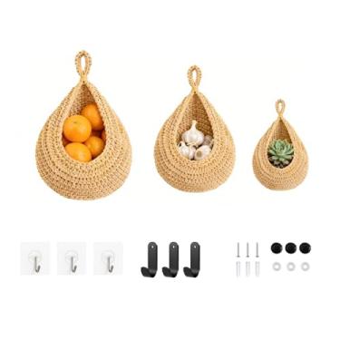 Imagem de Cestas de frutas e vegetais montadas na parede para cozinha, pacote com 3 cestas de armazenamento Boho com ganchos grandes e fortes tecidos à mão para organizar batata, cebola, etc. Organizador de