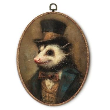 Imagem de Hxlac Arte de parede oval de gambá vintage, decoração de parede oval ogambá escuro temperamental, animal de fazenda rústica, impressões em tela, para decoração de casa, sala de estar, quarto, 25 x 25