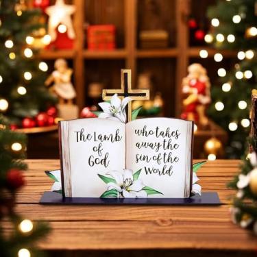Imagem de Placa decorativa de flor de lírio de cordeiro com cruz religiosa com base à prova de deslizamento, mesa de presépio de fazenda, decoração de mesa de centro de mesa, enfeite para presentes para Páscoa