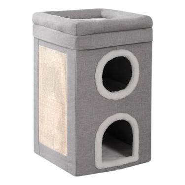 Imagem de Cama para gatos em formato de torre com postes confortáveis ​​para arranhar, grande, de três camadas, cinza.