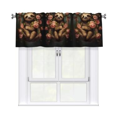 Imagem de QAZWZML Cortinas decorativas estampadas preguiça cercada por rosas cortinas curtas 137 x 45 centímetros adequadas para quartos, cozinhas e varandas