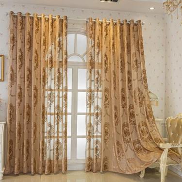 Imagem de Huierxun Conjunto de 2 painéis de cortinas transparentes vintage de renda de café 223,5 cm de comprimento, cortina de janela com ilhós com filtro de luz jacquard floral para sala de estar/quarto