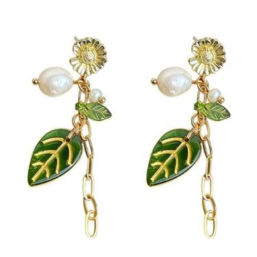Imagem de Brincos pendentes de folha floral com contas estilo pérola, brincos de gota inspirados na natureza com detalhes de corrente, joias elegantes para roupas diárias, férias, festas, celebrações sazonais e