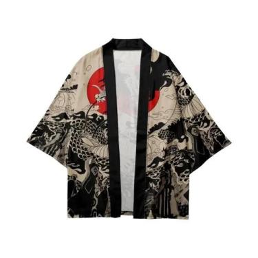 Imagem de Camisa Kimono Samurai Haori Preto Com Estampa De Anime, Manga 3/4, Est