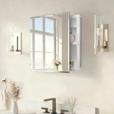 Imagem de Espelho de plástico para armário de remédios de banheiro 40,6 x 50,8 cm, armário de remédios embutido ou montagem na parede de superfície, armários de banheiro com prateleiras ajustáveis, armário