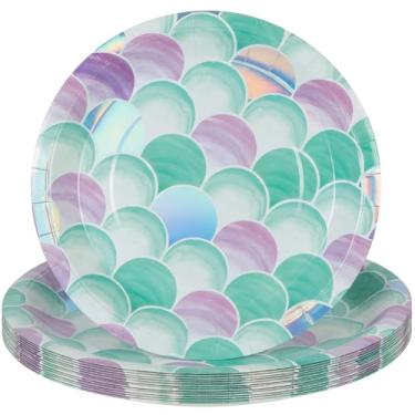 Imagem de Fun Express Pratos de jantar de papel com bolhas brilhantes de sereia - Multicolorido Sereia Sobremesa Festa Utensílios de Mesa Descartáveis - Chá de Meninas Mar Iridescente Tema Sereia Oceano