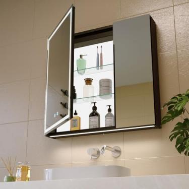 Imagem de KWW Armário de remédios para banheiro iluminado por LED com painel retroiluminado, soquetes e USBs. Antiembaçamento, regulável, espelho de maquiagem com luz de 3 cores, fácil de instalar, montado na