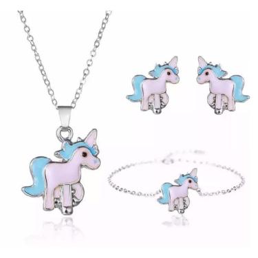 Imagem de Conjunto Colar Brinco Pulseira Unicórnio Prateado Azul K5486