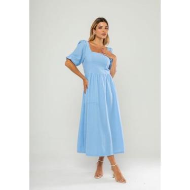Imagem de Vestido Longo Com Decote Reto E Manga Bufante 3/4 Azul Salvatore, P