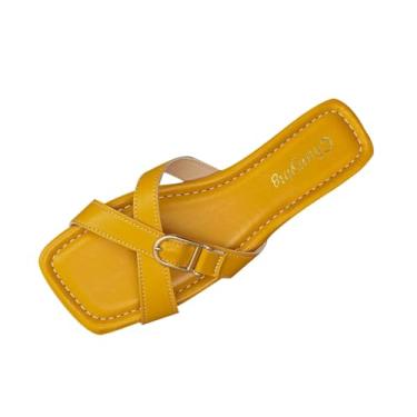 Imagem de Sandálias femininas de couro com fivela e design aberto confortáveis e modernas para uso casual primavera verão, Amarelo, 39