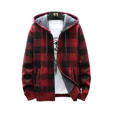 Imagem de Cardigã Masculino De Inverno Com Capuz, Estampa Xadrez, Jaqueta De Lã 
