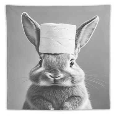 Imagem de Tapeçaria de chapéu de papel higiênico de coelho impressão artística preta branca para quarto sala de estar dormitório decoração de casa com adorável design de animal pequeno Tapeçaria 152 x 152 cm