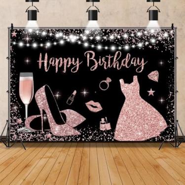 Imagem de Mestiker 2,1 x 1,5 m, cenário de feliz aniversário para mulheres, ouro preto e ouro rosa, tema de moda com saltos, champanhe, diamantes, meninas, decoração de festa de aniversário, fundo fotográfico