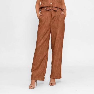 Imagem de Calça Bisô Ilhós Alfaiataria Risca de Giz Caramelo-Feminino