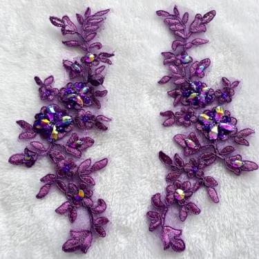 Imagem de Zbroh Remendos de tecido de renda fina bordado strass acabamento aplique decoração de vestido costurar lantejoulas miçangas acessório um par (roxo profundo)