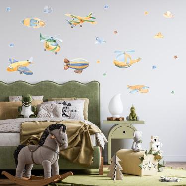 Imagem de Adesivo De Parede Avião Helicóptero Dirigível Céu Aquarela