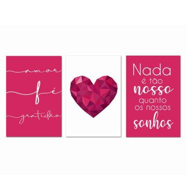 Imagem de Kit Placas Quadros 3 Peças Mdf 20x30 Coração Rosa