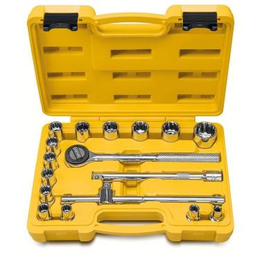 Imagem de Jogo De Soquetes Estriados Encaixe 1/2" Em Aço Cromo Vanádio Com Acabamento Cromado Maleta 17 Peças