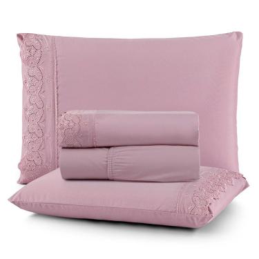 Imagem de Jogo De Lençol Nobre Casal 4 Peças Micropercal 200 Fios Bordado Inglês Fino - Rosa Malva - 100% Poliéster