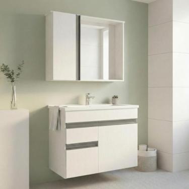 Imagem de Conjunto Gabinete Suspenso com Pia e Espelheira 60cm Branco Napoli - A
