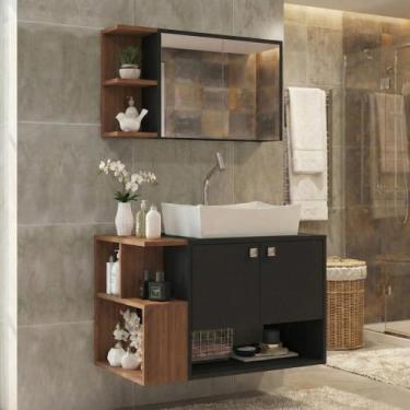 Imagem de Conjunto Gabinete de Banheiro com Cuba e Espelheira 2 Portas e Nichos 