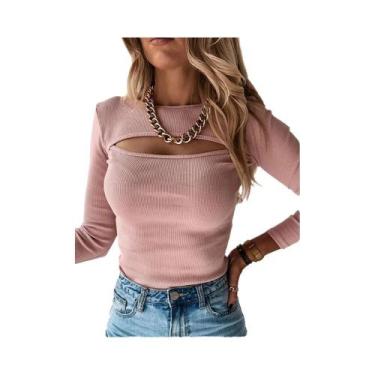 Imagem de Camiseta Feminina Slim Fit De Manga Longa Em Tricô Vazada Lisa Preta E