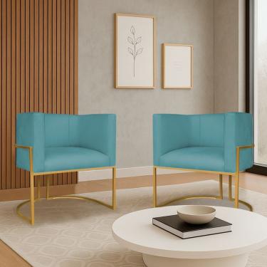 Imagem de Kit 2 Poltronas Dália Luxo Moderna Estofada Design Sofisticado Com Base De Ferro Dourado Suede Azul Turquesa