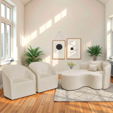 Imagem de Kit Recamier Curvo Sala De Estar 150cm Lado Esquerdo E 2 Poltronas Orgânica Luiza Max Bouclé Bege