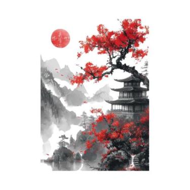 Imagem de Pintura Em Tela De Guerreiro Samurai Da Lua Vermelha Com Paisagem Japo