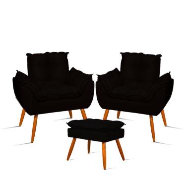 Imagem de Kit 2 Poltronas Decorativas Opala com Puff Para Apoio dos Pés Suede Preto Balaqui Decor