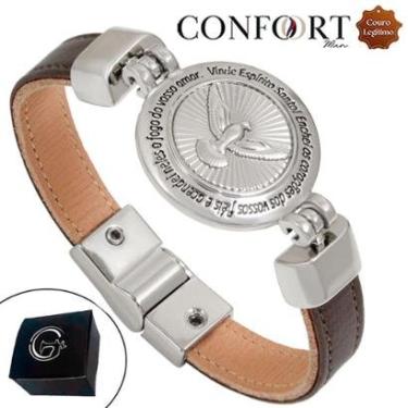 Imagem de Pulseira Magnética de Couro Bege Preto Medalha Vosso Amor Prateado-Unissex