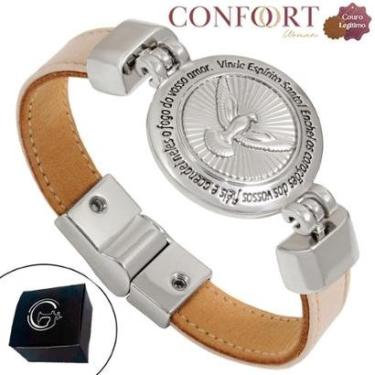 Imagem de Pulseira Magnética de Couro Bege Preto Medalha Vosso Amor Prateado-Unissex