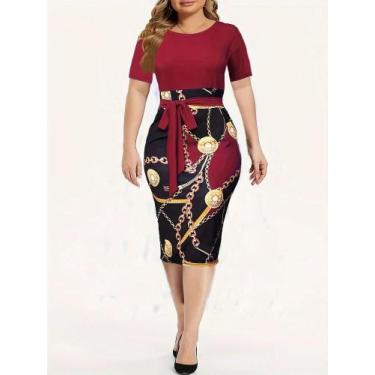 Imagem de Vestido Feminino Colorido Com Estampa De Correntes, Manga Curta, Gola 