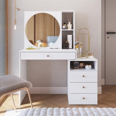 Imagem de Penteadeira Camarim com Espelho 4 Gavetas 3 Nichos Multifuncional 136cm ProDecor Cor Branco - ES2002