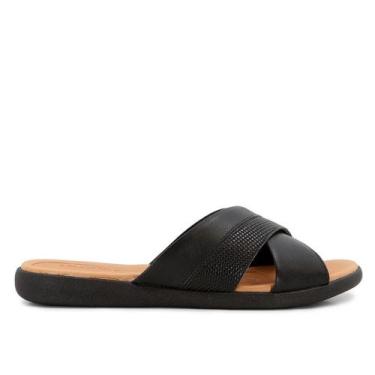 Imagem de Chinelo Usaflex Slide Preto Couro Detalhe Tressê, 35