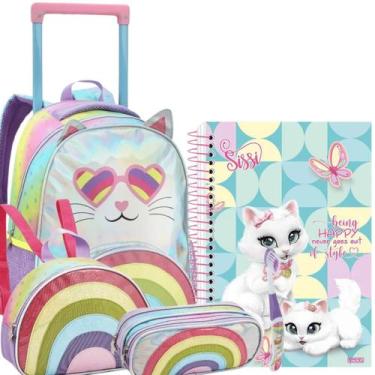 Imagem de Mochila Rodinha Escolar Infantil Gatinho Com Caderno - Denlex